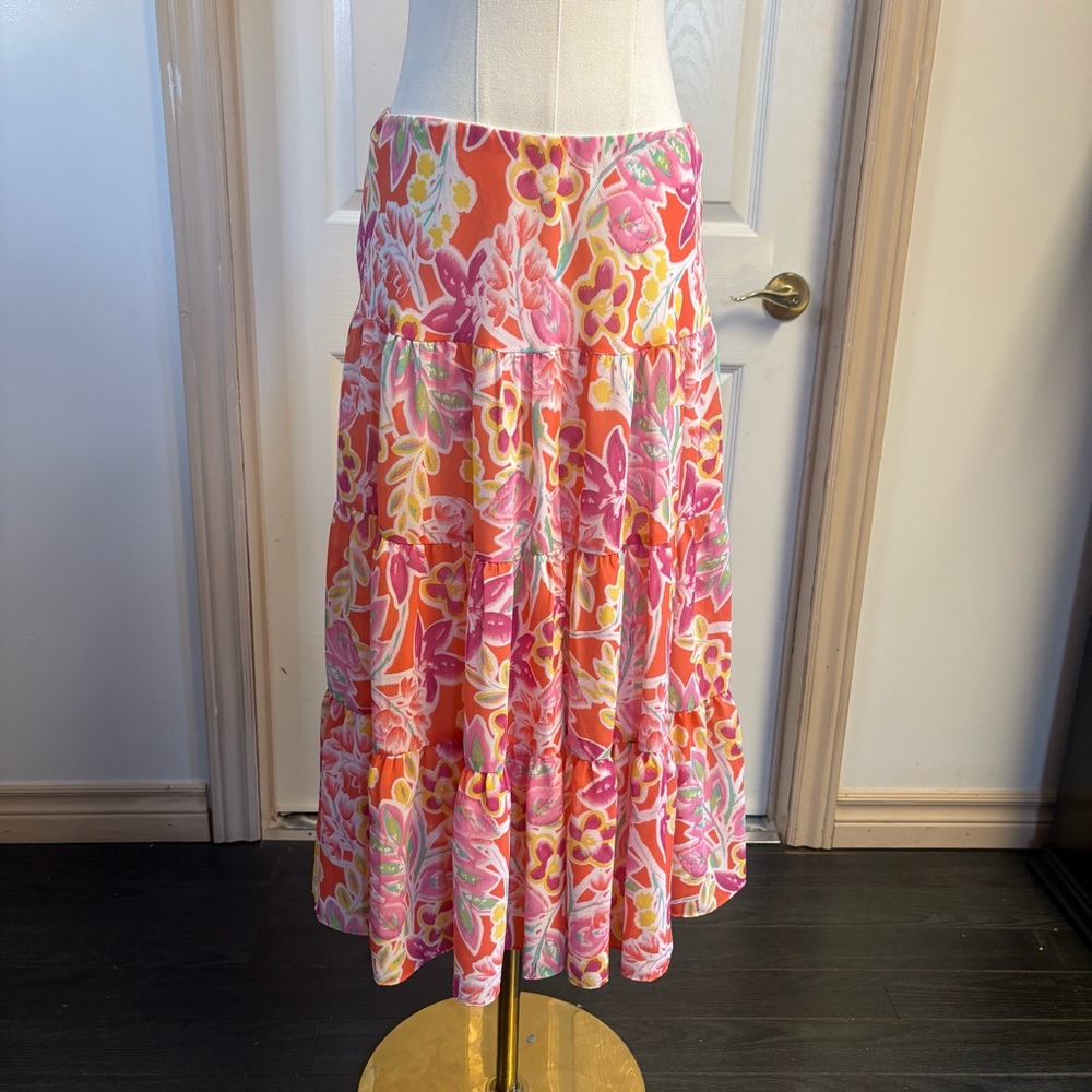 Chaps Pink and Orange Tiered Midi Skirt